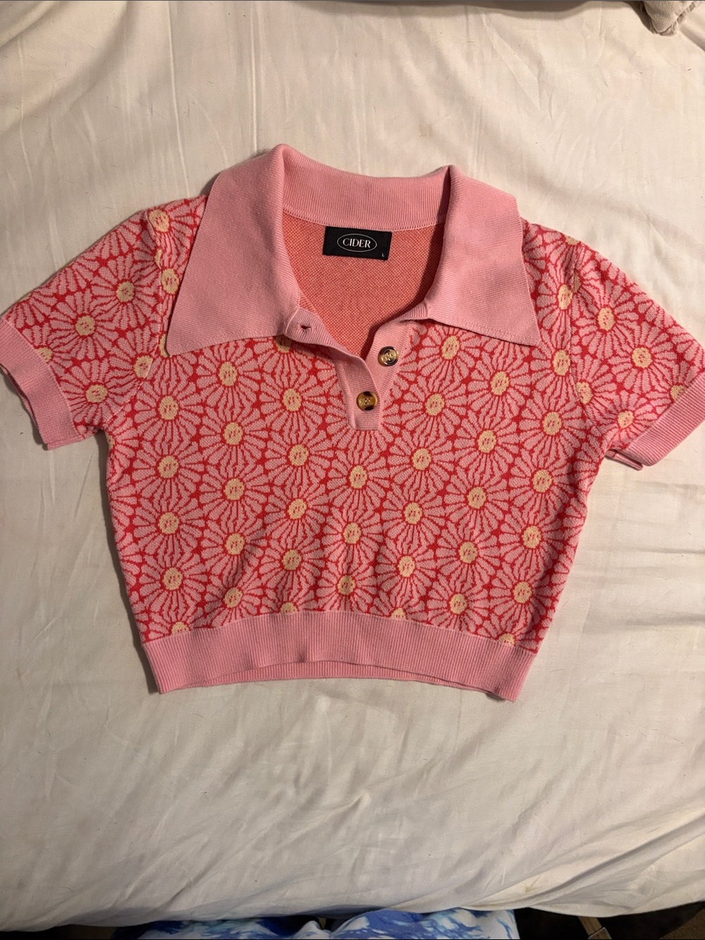 Cider Pink Daisy Jacquard Polo Top